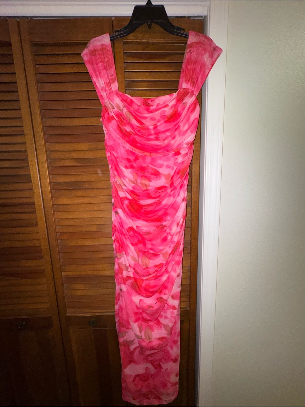 Pink Floral Ruched Sleeveless Maxi Dress